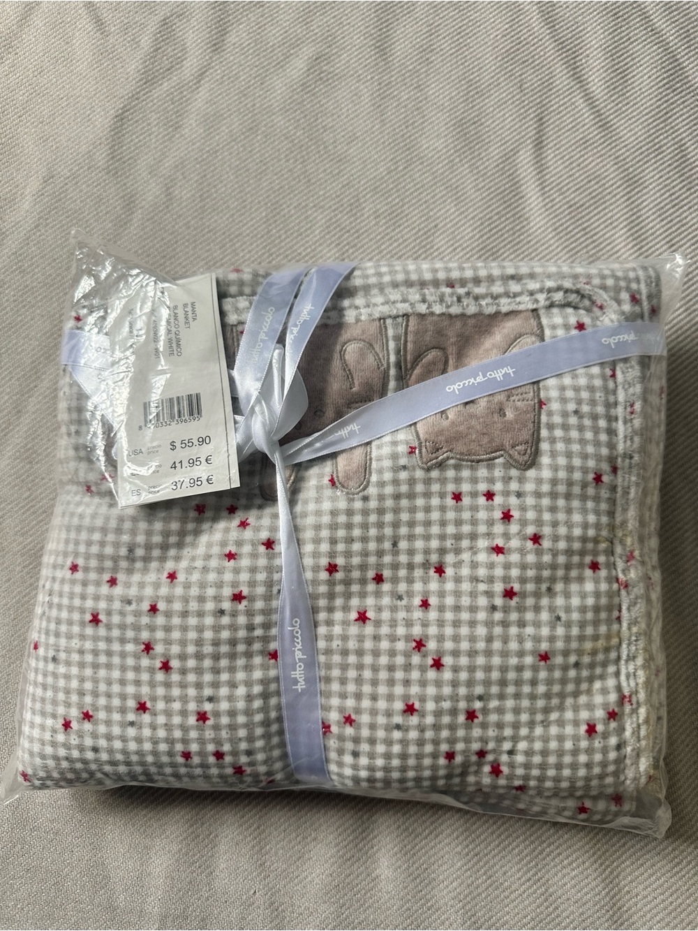 Plush Gingham Baby Blanket with Red Star Accents and Bear Applique